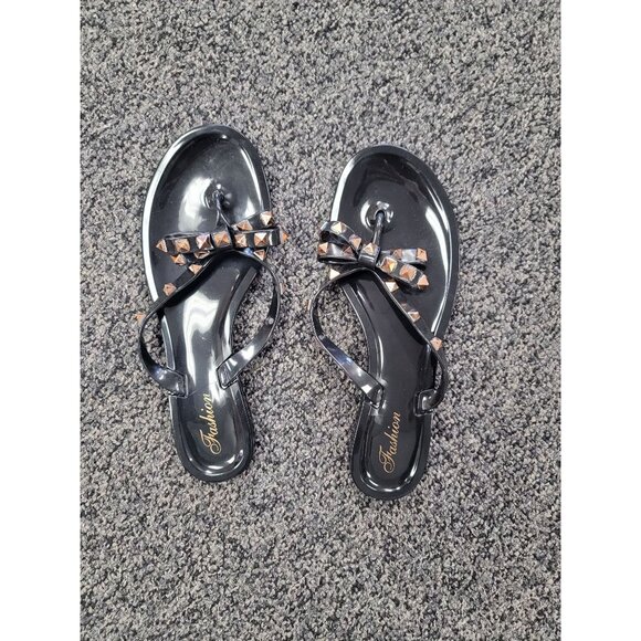 Fashion Jelly Sandals With Studded Bow Women's 7-8 (UK37) Black & Gold Casual Su - Picture 3 of 4